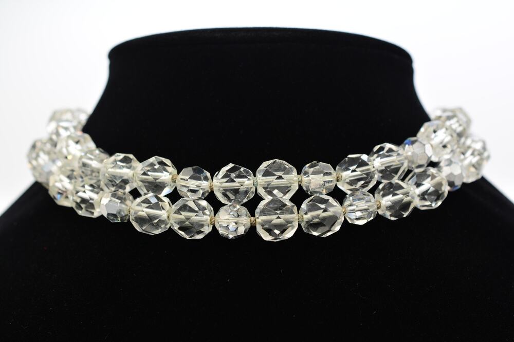 Hattie Carnegie Vintage Double Strand Crystal Choker Necklace Glass Signed BinR